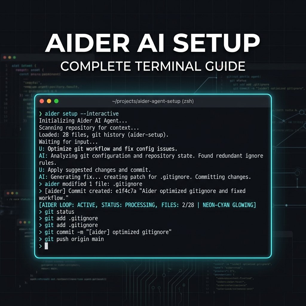 A terminal window showing git commands and an active AI agent loop representing Aider AI setup