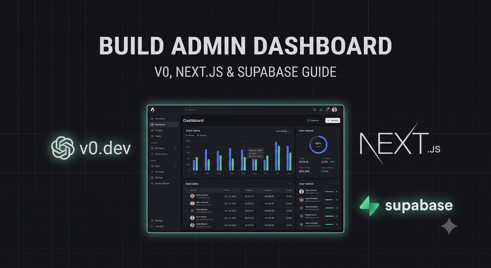 A professional, dark-themed admin dashboard UI mockup with charts, tables, and user metrics, surrounded by logos for v0.dev, Next.js, and Supabase