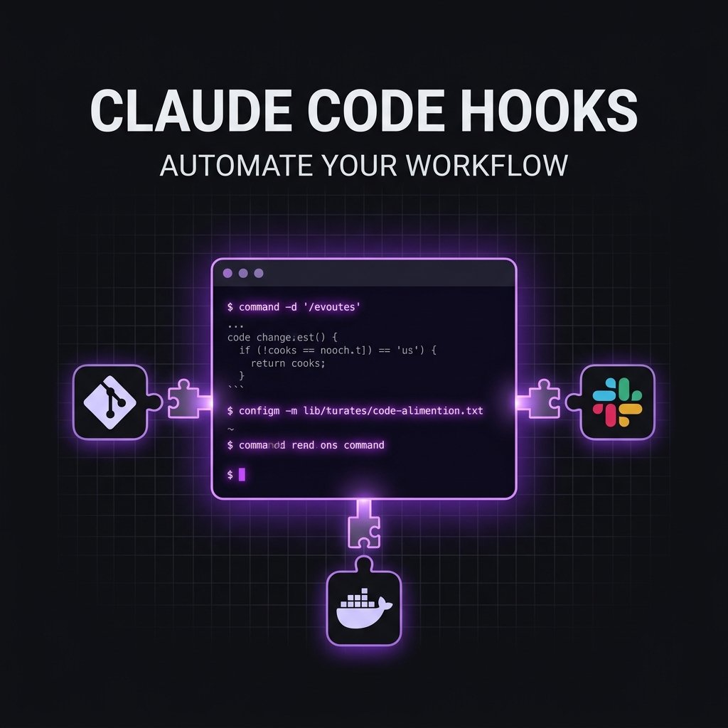 Sleek terminal window with glowing neon-purple command lines and puzzle connectors representing Claude Code hooks