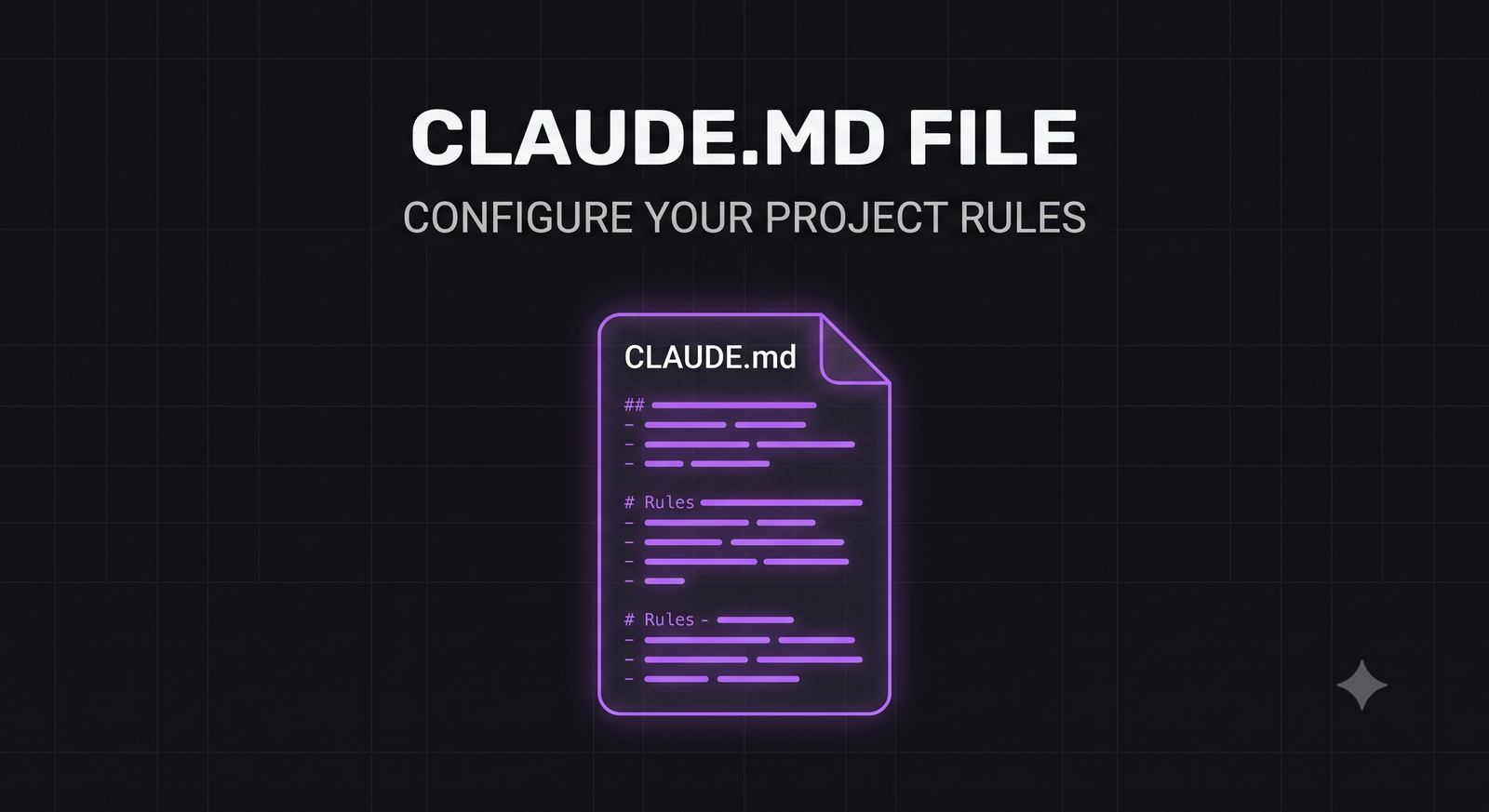 A glowing document icon labeled CLAUDE.md with glowing neon-purple lines of markdown code outlining project rules