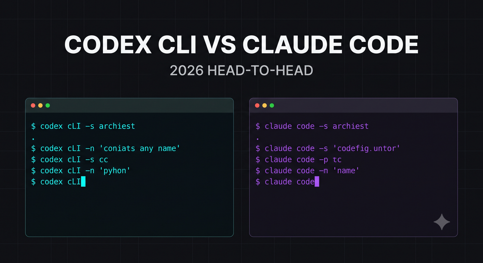 Two terminal windows side-by-side representing Codex CLI and Claude Code on a dark grid