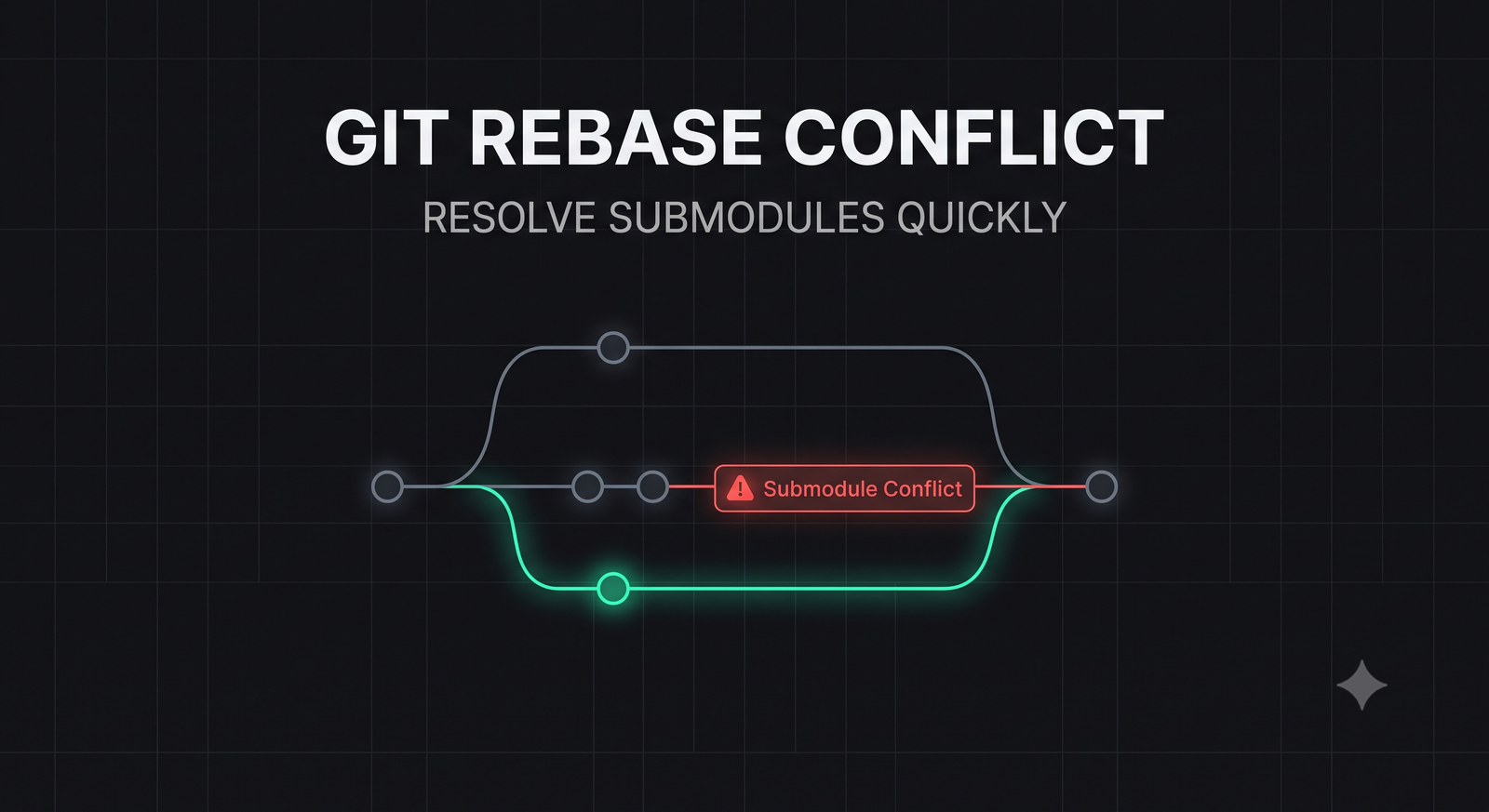 A stylized Git branch diagram showing a rebase conflict with a red warning badge labeled Submodule Conflict