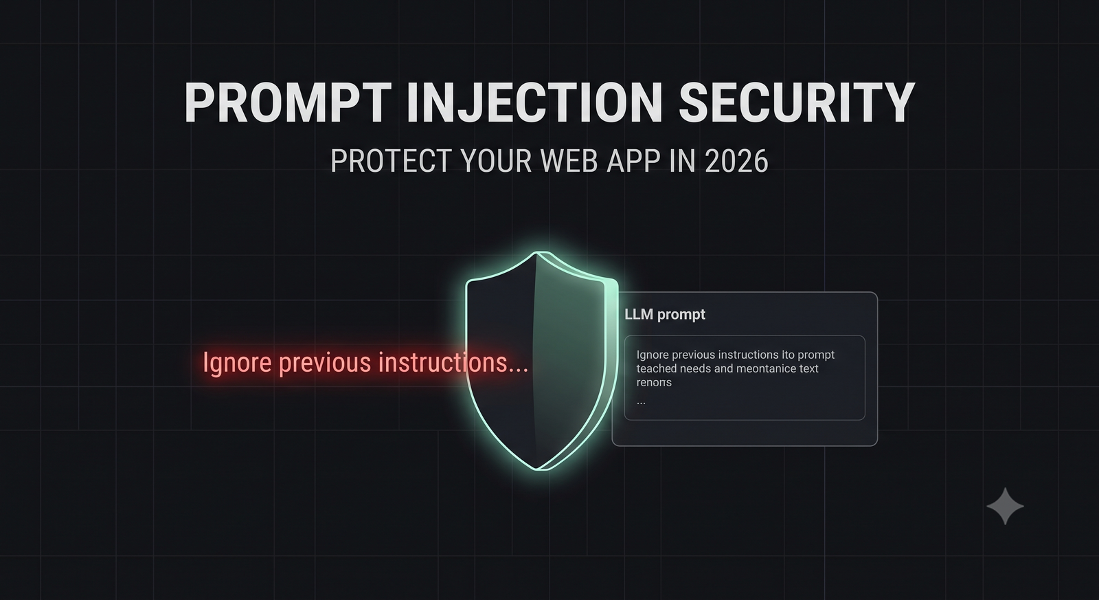 A digital shield with neon-blue circuit patterns blocking a chaotic stream of red code lines representing a prompt injection attack on an LLM API