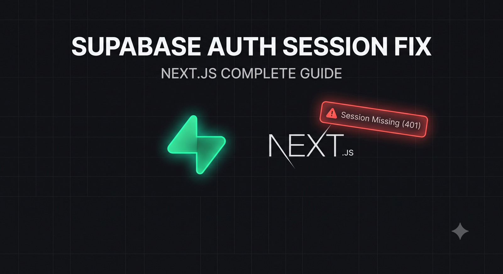 A glowing neon-emerald Supabase logo next to a Next.js logo with a glowing red warning badge showing Session Missing (401)