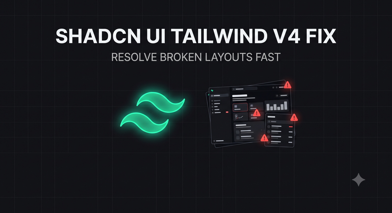 A glowing neon-cyan Tailwind CSS logo next to a broken overlapping UI dashboard layout with red error markers