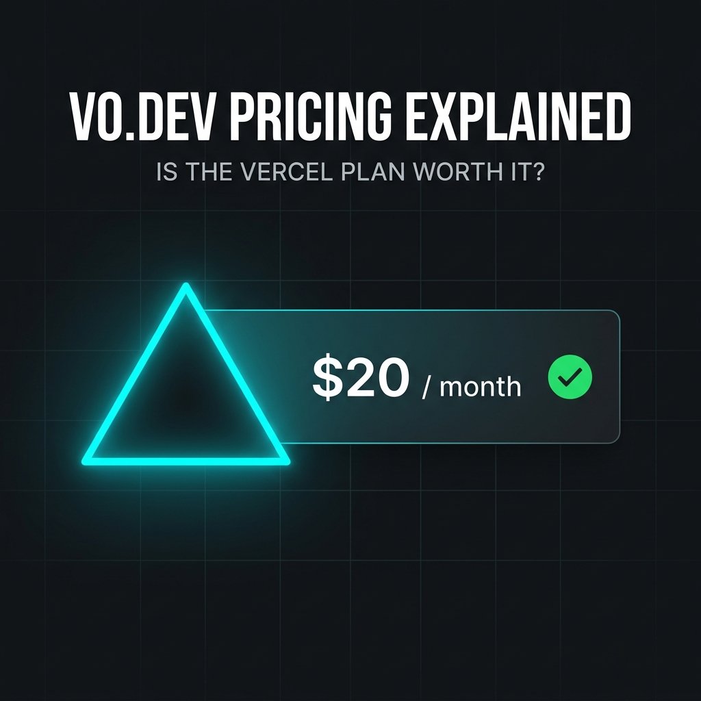 Stylized glowing Vercel logo next to a minimalist subscription card showing $20/month representing v0.dev