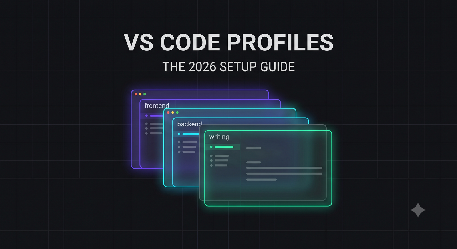 Layered transparent editor windows showing different development profile configurations