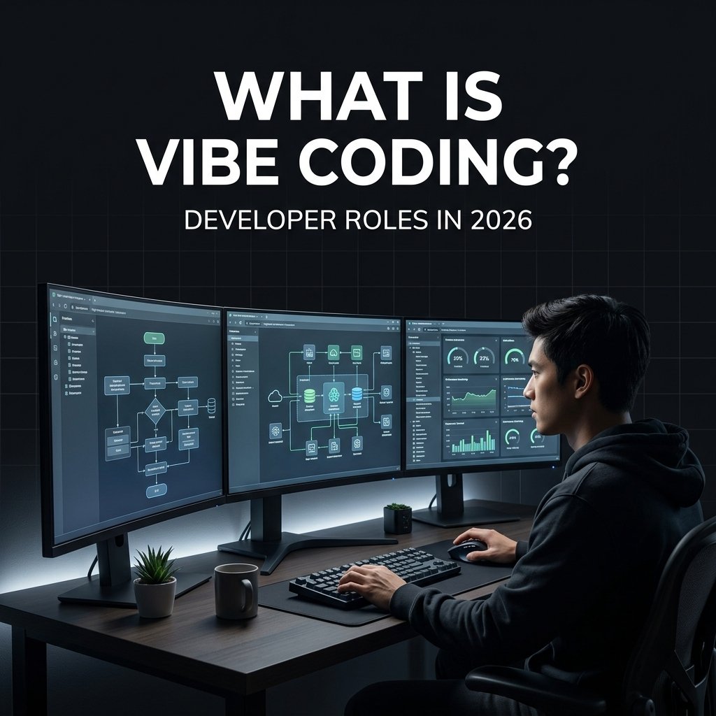 A developer sitting in front of a clean multi-monitor setup showing high-level flowcharts representing vibe coding