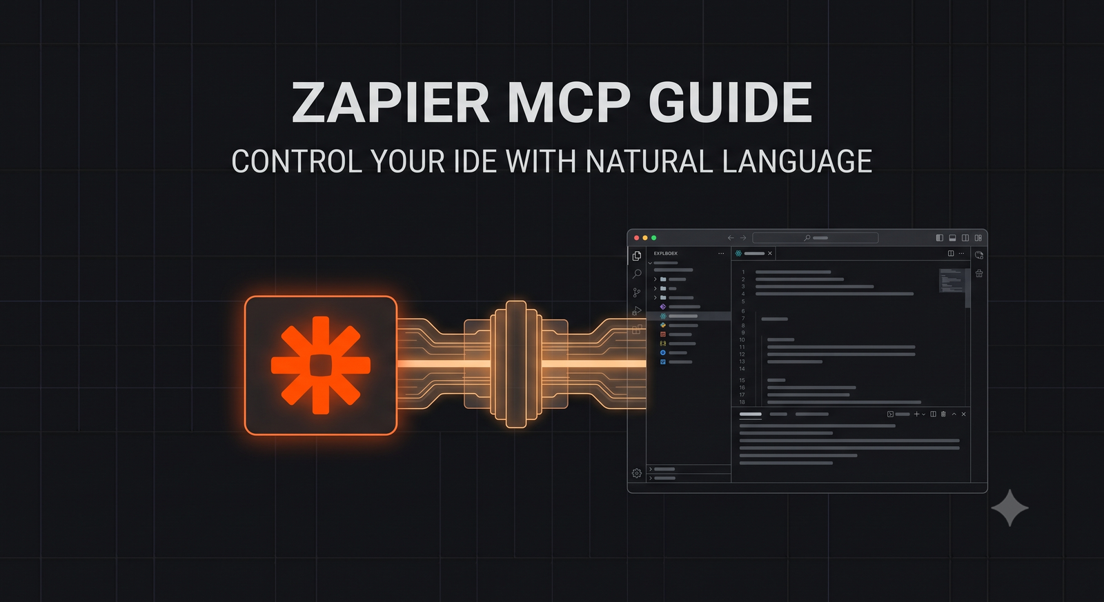 A glowing orange Zapier logo connected to an IDE window by a glowing multi-layered data bridge representing the Model Context Protocol
