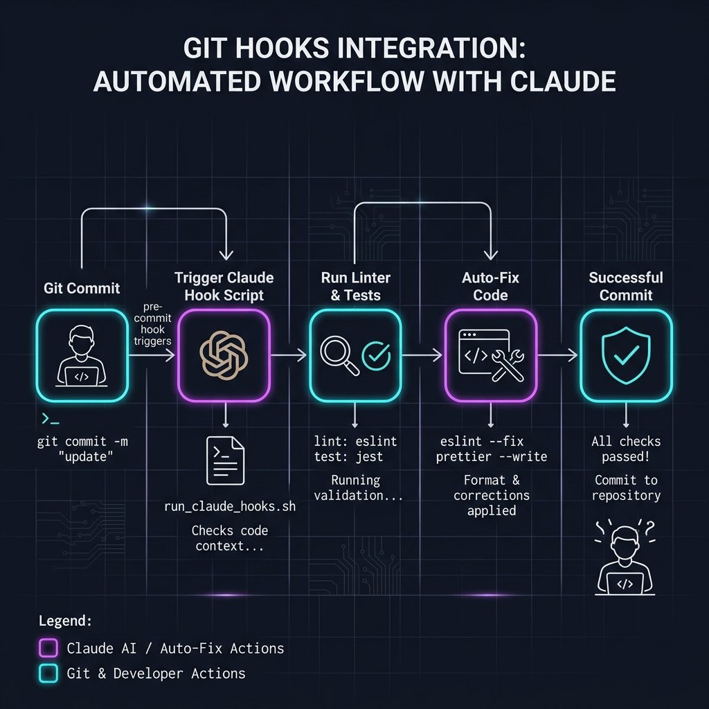 Git hooks integration timeline showing commit trigger, Claude script, linting, auto-fix, and successful commit