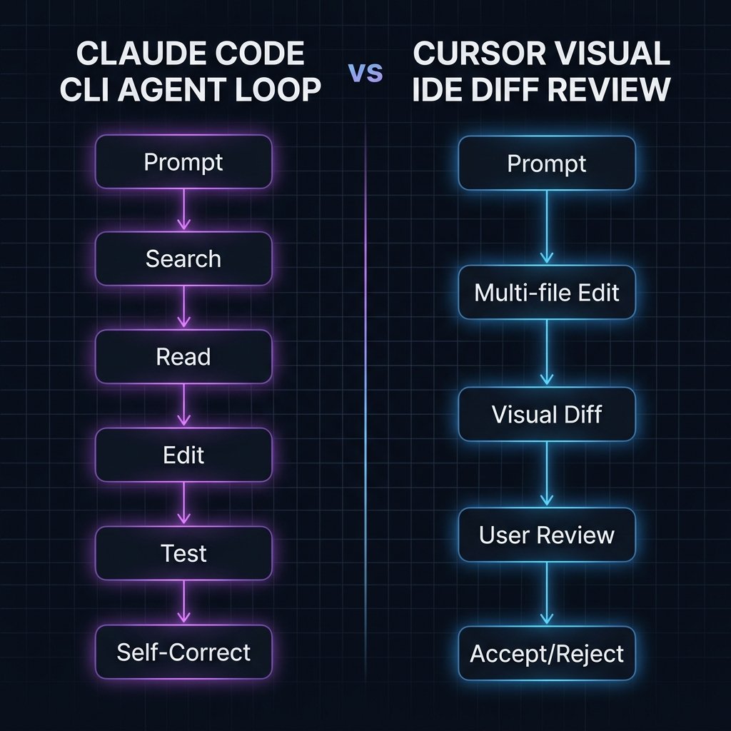 Detailed workflow diagram comparing terminal-based agent loops vs visual IDE diff reviews