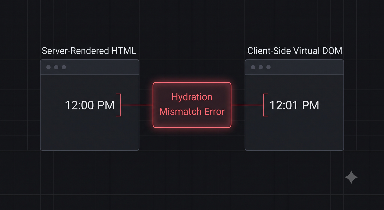 Detailed comparison of Server-Rendered HTML vs Client-Side Virtual DOM causing a mismatch
