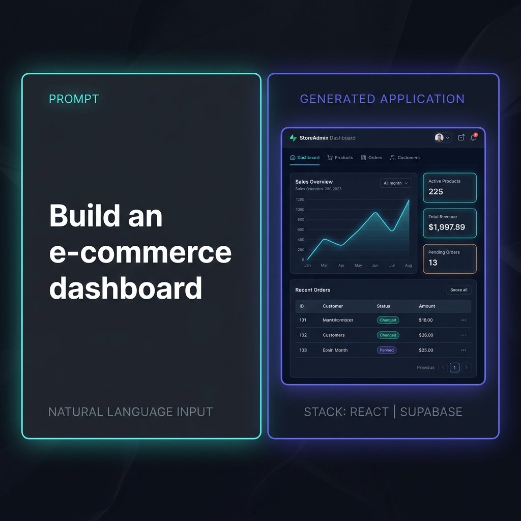 Side-by-side comparison of natural language prompt and generated full-stack React and Supabase application