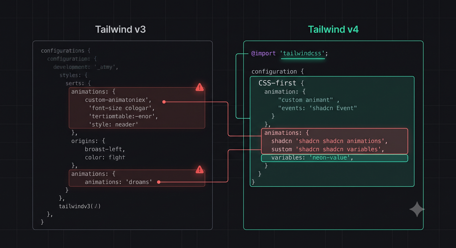 Side-by-side comparison of Tailwind v3 configuration and the new Tailwind v4 CSS-first theme configuration